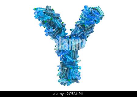 Letter Y from plastic water bottles, 3D rendering isolated on white background Stock Photo