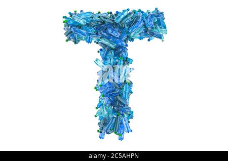 Letter T from plastic water bottles, 3D rendering isolated on white background Stock Photo