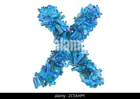 Letter X from plastic water bottles, 3D rendering isolated on white background Stock Photo