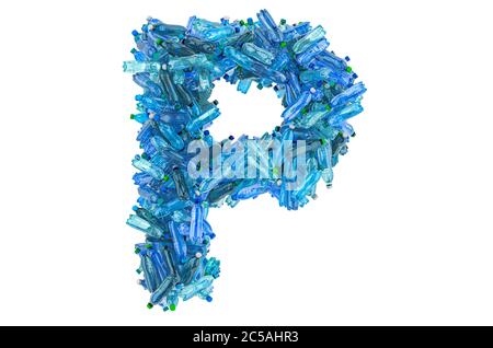 Letter P from plastic water bottles, 3D rendering isolated on white background Stock Photo