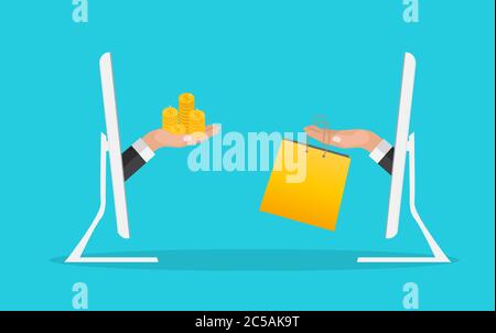 Online Shopping concept background with hand, money, shopping bag and computer . Vector Illustration Stock Vector