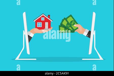 Real estate concept.  Buy house poster with men hands paying money for the home building. Vector Illustration Stock Vector