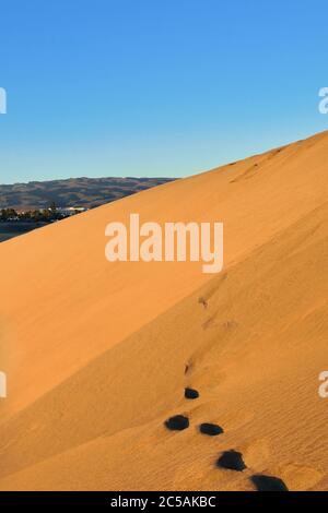 Famous natural park Maspalomas dunes in Gran Canaria at sunsset time, Canary island, Spain Stock Photo