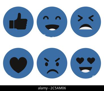 Set of Emoticon with emoji Flat Design Style blue color, social media reactions. smiley vector illustration. Stock Vector