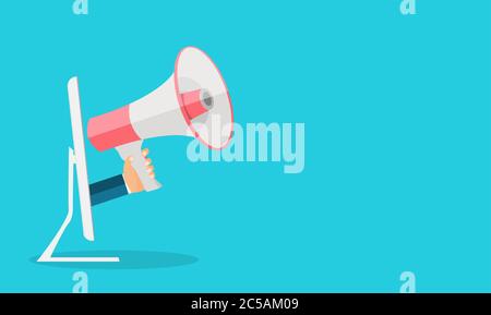 Hand with megaphone from computer. Attention concept design. Vector Illustration Stock Vector
