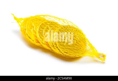Small Bag of Chocolate Coins in Gold Foil Isolated on White. Stock Photo