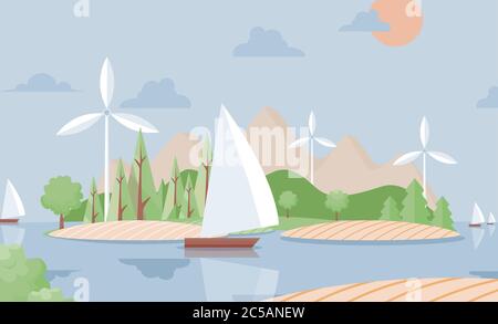 Summer nature landscape with ship vector flat illustration. Travel, adventure background. Hills, sailing boats, forest, islands. Enjoy summer vacation, perfect holidays concept. Stock Vector