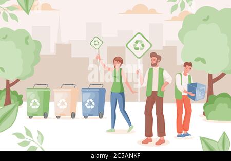 People in urban park recycling waste vector flat illustration. Man and woman hold placards with recycle sign. Separate waste, protect nature, garbage collection, sorting, and recycling concept. Stock Vector