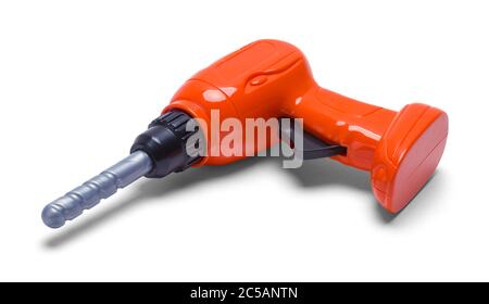 Orange Plastic Toy Drill With Bit Isolated on White. Stock Photo