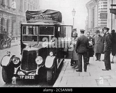 IMPERIAL AIRWAYS Passengers are driven by a company taxi from the Charles Street  offices in London to Croydon for their flight in 1927