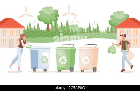 Man and woman putting garbage in containers vector flat illustration. Sorting and recycling waste concept. People in the country village separating waste. Save the planet, eco-friendly lifestyle. Stock Vector