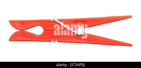 Red Plastic Clothespin Cut Out on White. Stock Photo