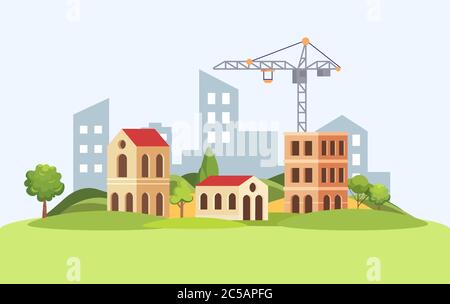 Construction crane builds houses on the background of the city vector flat illustration. Summer landscape. Building work process with country houses and construction machines. Stock Vector