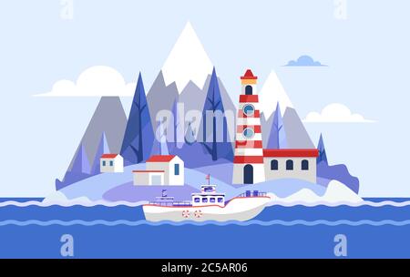 Seaside with red and white striped lighthouse and yacht vector flat illustration. Ocean or sea beach view. Landscape with hills, boat, forest. Enjoy summer vacation, perfect holiday concept. Stock Vector
