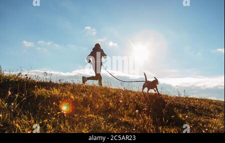 Man runing with his beagle dog at sunny morning. Healthy lifestyle and Canicross exercises jogging concept image. Stock Photo