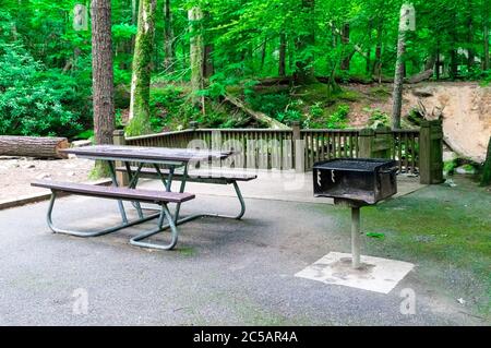 Horizontal shot of a picnic table and barbecue grill in a wooded area with a fence behind it. Stock Photo