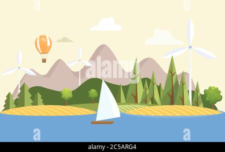 Summer nature landscape with ship, air balloons, and wind turbines vector flat illustration. Hills, sailing boat, forest, islands. Enjoy summer vacation, traveling, perfect holiday concept. Stock Vector
