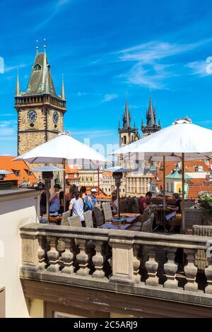 PRAGUE, CZECH REPUBLIC - JUNE 23, 2016: Restaurant on the roof in Prague in a beautiful summer day, Czech Republic on June 23, 2016 Stock Photo