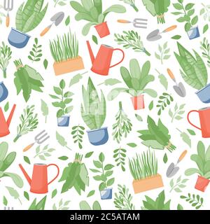 Gardening and farming seamless pattern. Green plants in pots, garden tools, watering can, and leaves vector flat illustration. Ecological, agriculture gardener hobby and garden job backdrop design. Stock Vector