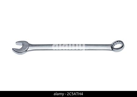 Wrench isolated on white background, hand tool side view. Stock Photo