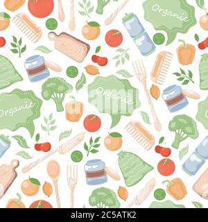 Organic seamless pattern. Vegetables, bell pepper, tomato, lemon, cherry, wooden tableware and leaves vector flat illustration. Ecological, green eco-friendly lifestyle backdrop design. Stock Vector