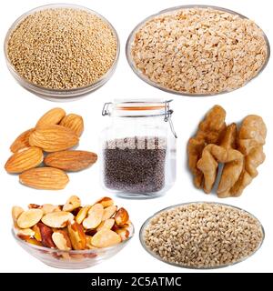 Set of various bulk products in bowls isolated on white background Stock Photo