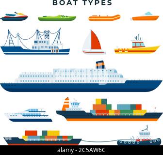 Boat and ship types, set. Water transport. Vector illustration in flat style. Stock Vector