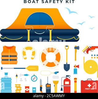 Boat safety kit, set of icons. Water rescue. Survival after a ship wreck. Equipment and tools for saving life. Vector illustration. Stock Vector