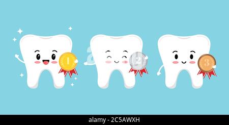 Teeth with medal golden, silver, bronze with laurel branches and red ribbon isolated on white background. Stock Vector