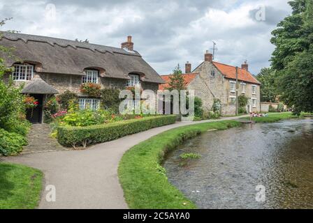 A well photographed thatched cottage next to Thornton Beck in the small North Yorkshire village of Thornton le Dale Stock Photo