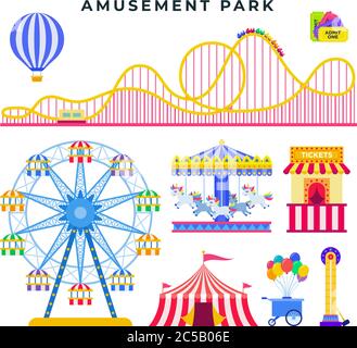 Amusement park flat elements, isolated on white background. Everything for family rest in the park. Vector illustration. Stock Vector