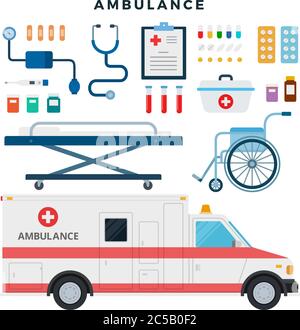 Ambulance Car. Medicine devices for emergency help. Hospital rescue service. Vector icons in flat style. Stock Vector
