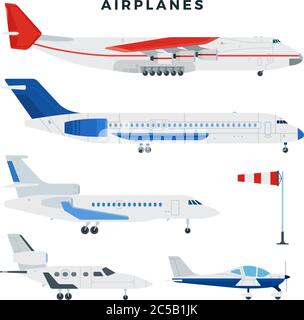 Aircraft flat. Civil aviation planes different views fly symbols vector ...