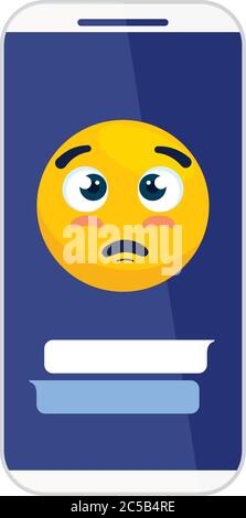 smartphone and emoji with eyes open and face of please, face yellow with face of please on smartphone Stock Vector