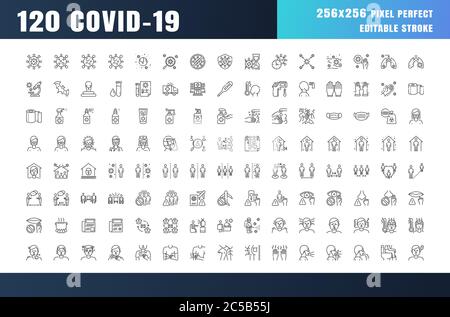 Covid-19 Prevention Line Outline Icons. Coronavirus, Social Distancing, Quarantine, Stay Home. 256x256 Pixel Perfect. Editable Stroke. Stock Vector