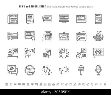 Simple Set of News and Global Event of Coronavirus, Covid-19 Related in Different Platform. Such as Tablet, Phone, Speech Bubble. Line Outline Icons V Stock Vector