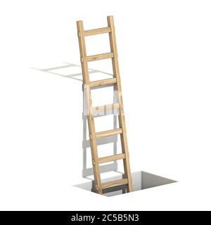 Wooden ladder in hole 3D render illustration isolated on white background Stock Photo