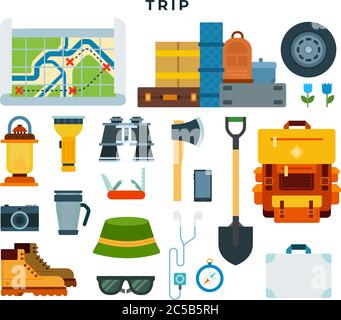 Hiking and camping equipment, set. Elements for backpaking trips. Vector illustration in flat style. Stock Vector