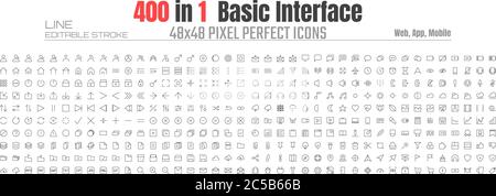 48x48 Pixels Perfect User Interface Basic Simple Set Thin Line Icons. People User Profile, Message, Document file, Call, Music, Camera, Arrow, Chat, B Stock Vector