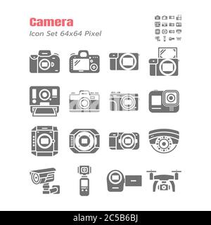 Simple Set of Camera Vector Solid Glyph Icons. such as DSLR, Mirrorless, Instant, Action Cam, Film, Compact, Drone, Photography, Cinematography, Digit Stock Vector