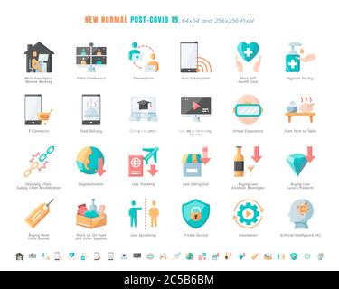 Simple Set of New Normal After Coronavirus 2019 or Covid-19 Ends Related. Such as Work from Home, Streaming, Online Shopping, Supply Recalibration. Fl Stock Vector