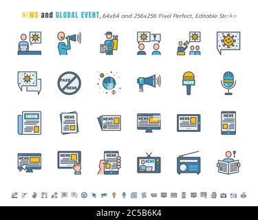 Simple Set of News and Global Event of Coronavirus, Covid-19 Related in Different Platform. Such as Tablet, Phone, Speech Bubble. Filled Outline Icons Stock Vector