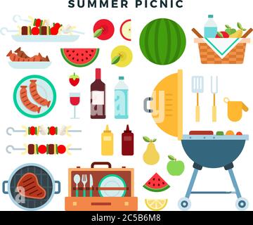 Summer picnic party, icons set. Barbeque elements, food, drinks, picnic basket, cooking utensils. Vector illustration. Stock Vector