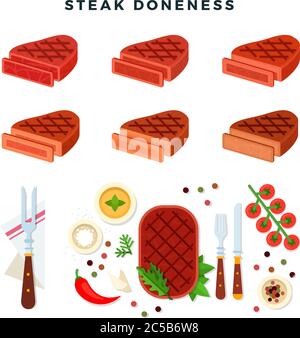 Steak doneness illustration, set. Different stages of steak. Blue rare, rare, medium rare, medium, medium well and well done. Steaks, tomato, pepper Stock Vector