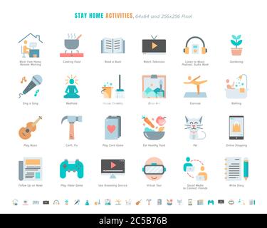 Simple Set of Stay Home Activities for Mental Health During Coronavirus, Covid-19 Crisis Related. Such as News Update, Cooking, Game. Line Outline Ico Stock Vector