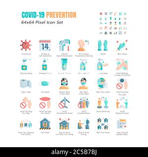 Simple Set of Coronavirus Prevention COVID-19 Flat Icons. such Icons as Gloves, Mask, Social Distancing, Stay Home, Quarantine, Avoid Close Contact, W Stock Vector