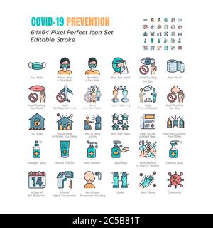 Simple Set of Coronavirus Prevention COVID-19 Filled Line Icons. such Icons as Gloves, Mask, Social Distancing, Stay Home, Quarantine, Avoid Close Con Stock Vector
