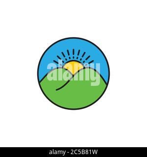 mountain sun rise outline symbol logo vector Stock Vector