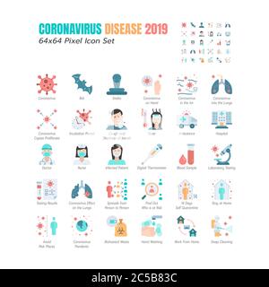 Simple Set of Coronavirus Disease 2019 Covid-19 Flat Icons. such Icons as Symptoms, Infection, Laboratory Testing, Social Distancing, Stay Home, Quara Stock Vector