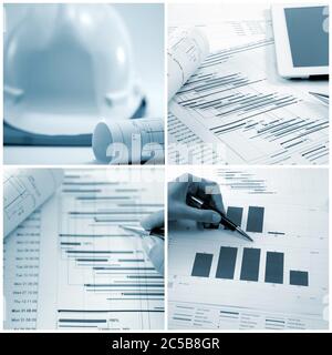 Construction project planning, management concept, gantt chart schedule, blueprints, helmet, calculator different management tools Stock Photo